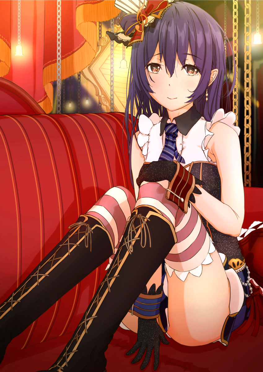 1girl, arm_between_legs, bangs, black_gloves, blue_hair, blush, boots, cafe_maid