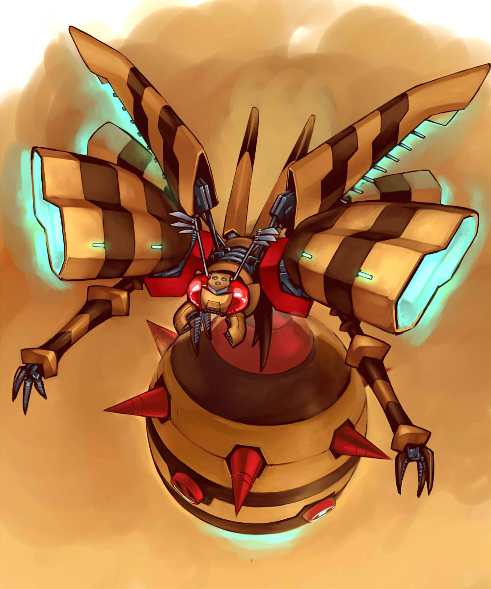 antennae, brown_background, digimon, highres, ikuhana_niiro, mechanical_wings, no_humans, official_art, red_eyes, solo, wasp, waspmon, wings