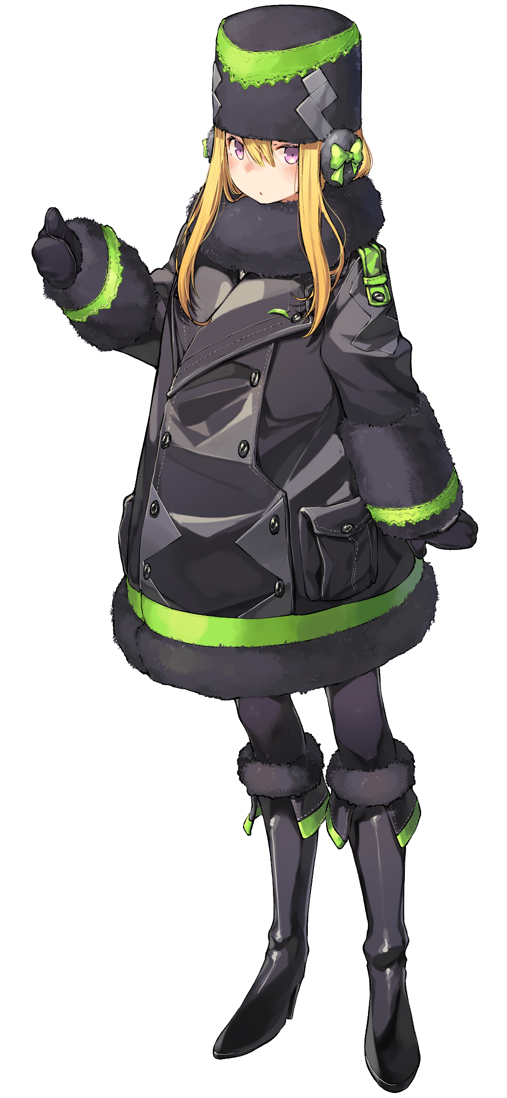 1girl, black_coat, black_footwear, black_legwear, blonde_hair, coat, darling_in_the_franxx, earmuffs, full_body, fur_collar, fur_hat, fur_trim, genista_(darling_in_the_franxx), hat, highres, humanization, kei_(soundcross), long_hair, looking_at_viewer, mittens, pantyhose, simple_background, thumbs_up, ushanka, violet_eyes, white_background