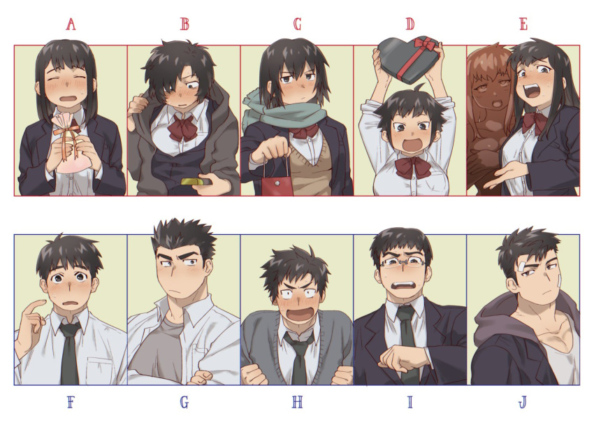 5boys, 5girls, bag, black_hair, blazer, blush, bow, chocolate