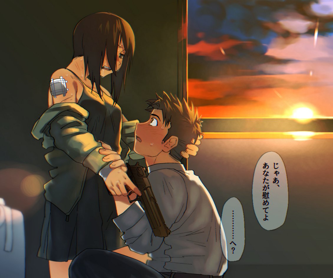 1boy, 1girl, bandage, black_hair, black_shirt, blush, dress_shirt, green_jacket