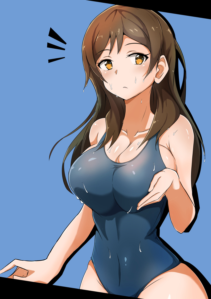 /\/\/\, 1girl, absurdres, armpit_crease, blue_background, breasts, brown_eyes, brown_hair, cleavage, highres, idolmaster, idolmaster_million_live!, j.roswel, kitazawa_shiho, large_breasts, school_swimsuit, sideboob, solo, swimsuit, wet