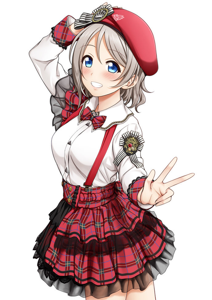 1girl, arm_up, bangs, beret, blue_eyes, bow, bowtie, breasts