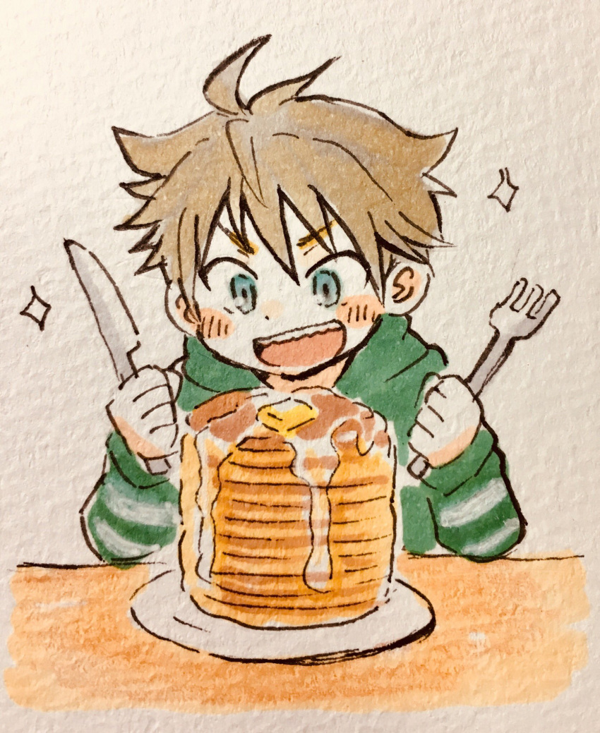 1boy, akuno_hideo's_brother, brown_hair, food, fork, green_hoodie, highres, hood