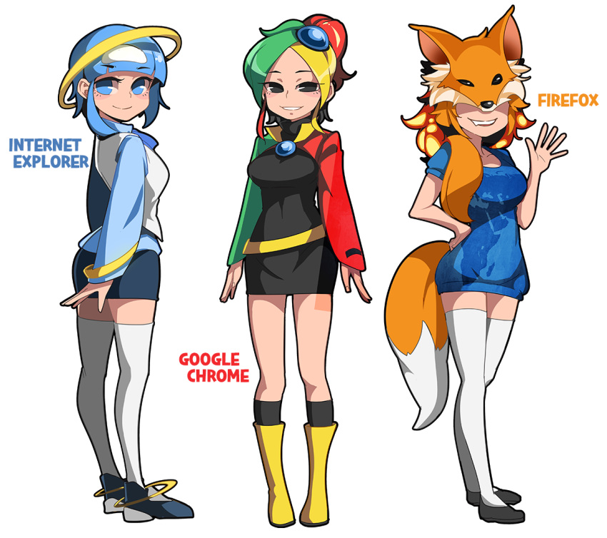 3girls, animal_ears, black_legwear, blonde_hair, blue_eyes, blue_hair, blush, bongfill, breasts, closed_mouth, collarbone, copyright_name, eyebrows_visible_through_hair, firefox_(browser), fox_ears, fox_tail, google_chrome, green_hair, grey_eyes, internet_explorer, kneehighs, large_breasts, long_hair, looking_at_viewer, multicolored_hair, multiple_girls, orange_hair, parted_lips, redhead, short_hair, short_ponytail, smile, tail, thigh-highs, waving, white_hair, white_legwear