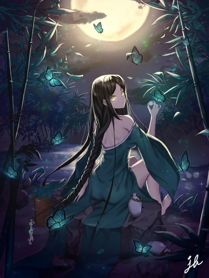1girl, absurdres, bamboo, bare_legs, bare_shoulders, barefoot, black_hair, braid, brown_eyes, butterfly, highres, jb_(luna9953), lake, long_hair, looking_back, moon, night, original, outdoors, rock, sitting, very_long_hair, water