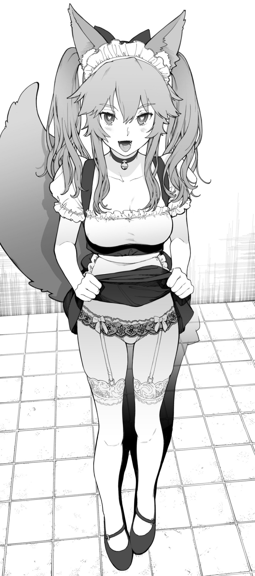1girl, :d, absurdres, apron, bell, bell_choker, choker, collarbone, daftbonkers, dress, dress_lift, fangs, fate/extra, fate_(series), food, fox_tail, full_body, garter_belt, garter_straps, greyscale, heart, heart-shaped_pupils, highres, long_hair, looking_at_viewer, maid, maid_apron, maid_headdress, monochrome, open_mouth, panties, smile, solo, symbol-shaped_pupils, tail, tamamo_(fate)_(all), tamamo_no_mae_(fate), thigh-highs, tongue, twintails, underwear, white_background