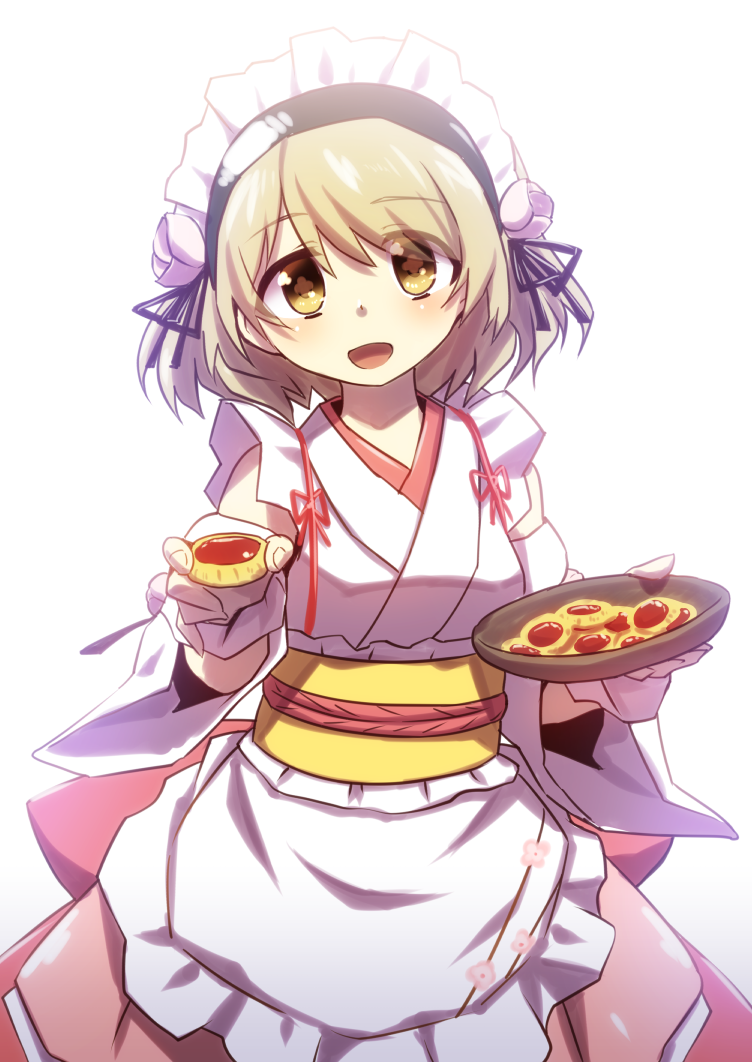 1girl, apricot_(flower_knight_girl), blonde_hair, blush, breasts, flower, flower_knight_girl, food