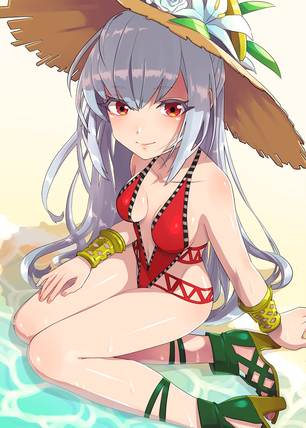 1girl, bangs, bare_shoulders, beach, breasts, cleavage, closed_mouth, commentary_request