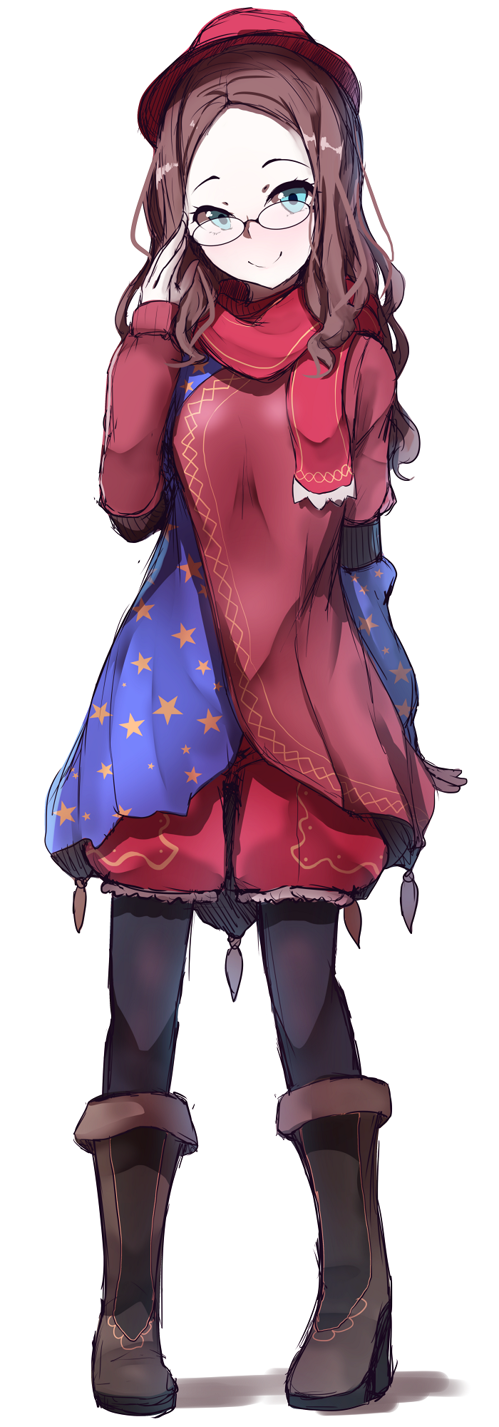 1girl, alternate_costume, bangs, black_legwear, blue_eyes, blush, boots, brown_footwear