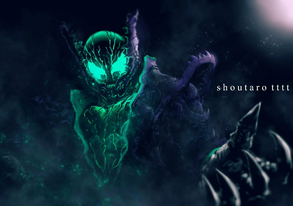 1boy, aqua_eyes, armor, artist_name, claws, commentary_request, glowing, helmet