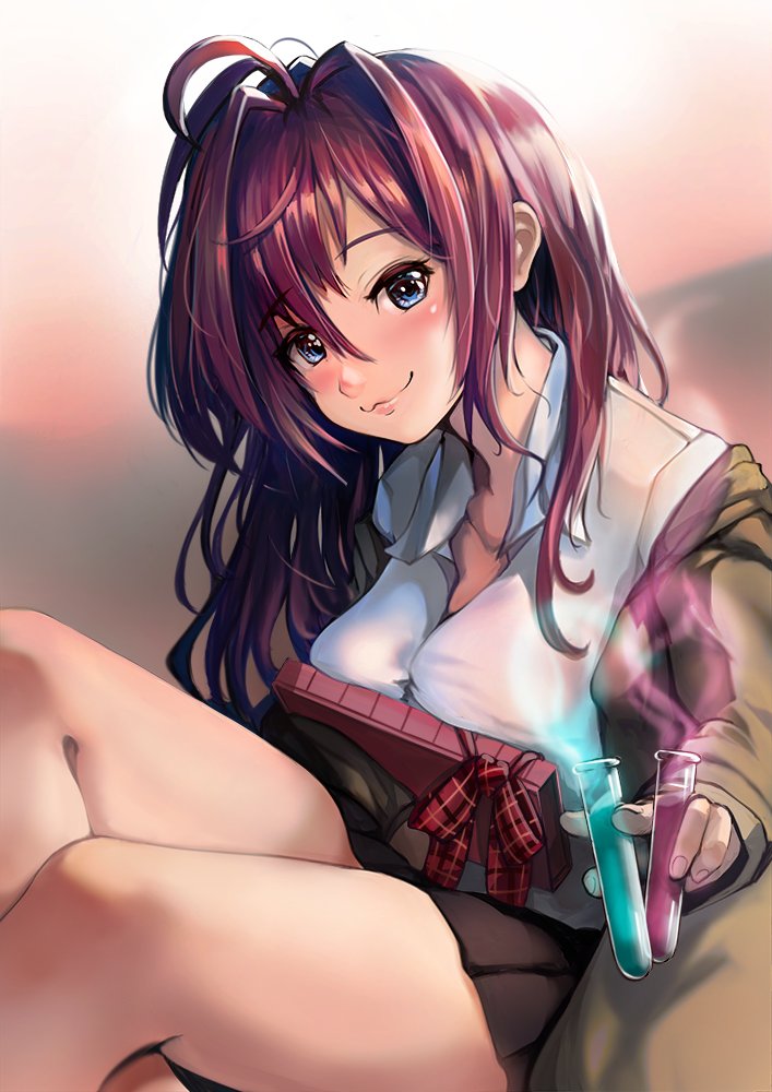 1girl, :3, collarbone, comic-z, dress_shirt, green_eyes, hair_intakes, ichinose_shiki, idolmaster, idolmaster_cinderella_girls, looking_at_viewer, redhead, shirt, skirt, smoke_trail, solo, test_tube, thighs