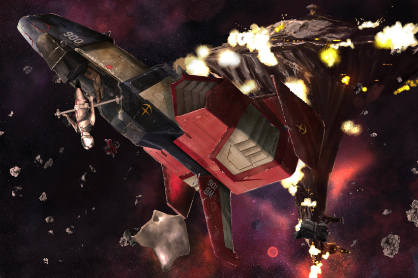 a_baoa_qu, amuro_ray, asteroid, astronaut, battle, boots, core_fighter, damaged