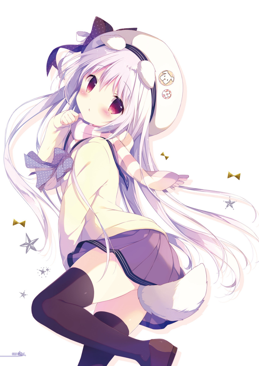 1girl, animal_ears, black_legwear, bow, bowtie, dog_ears, dog_tail, floating_hair
