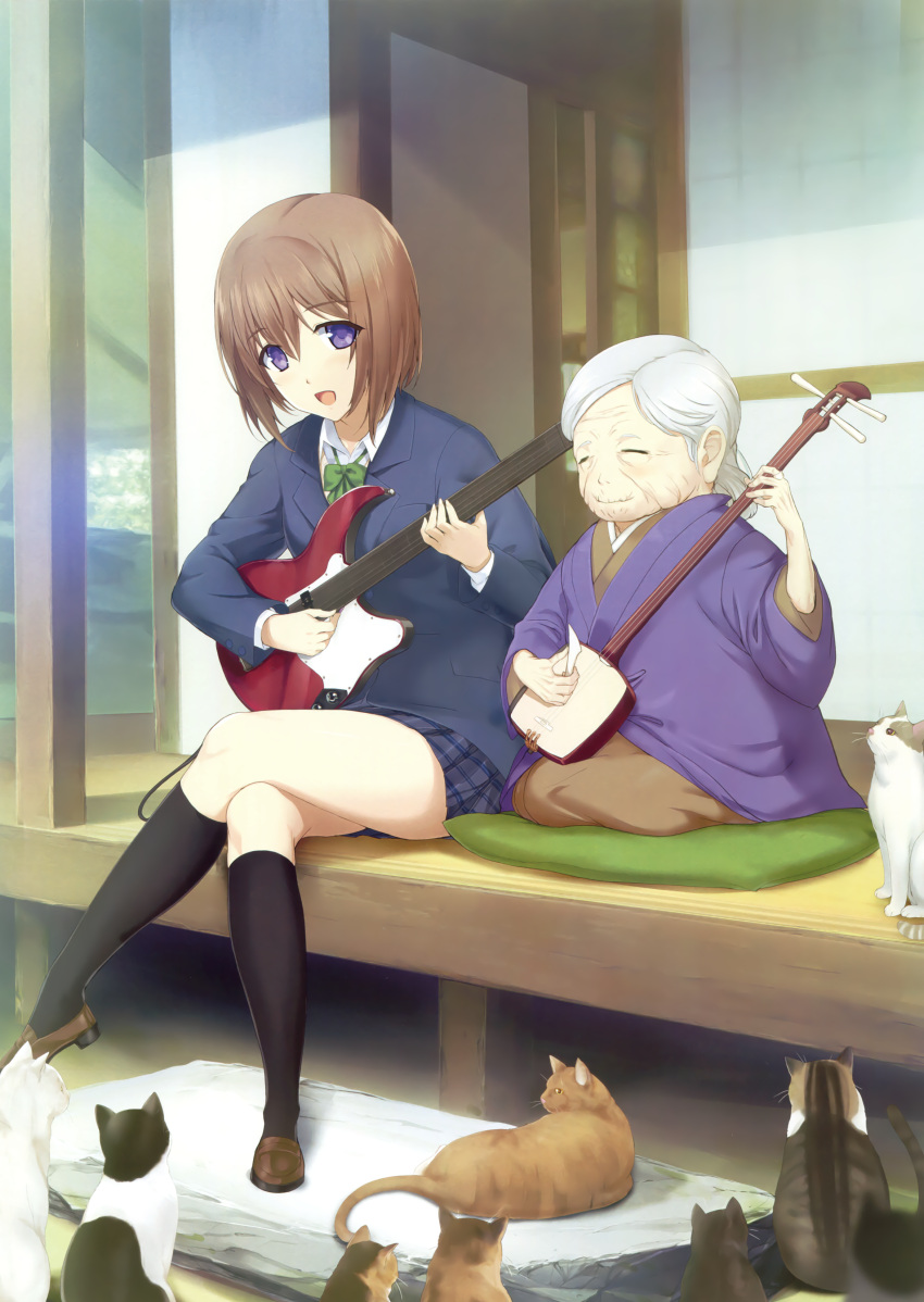 2girls, :d, absurdres, blue_eyes, blue_jacket, blue_skirt, bow, bowtie