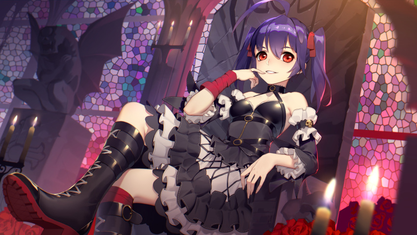 1girl, absurdres, ahoge, black_footwear, blue_hair, boots, breasts, candle