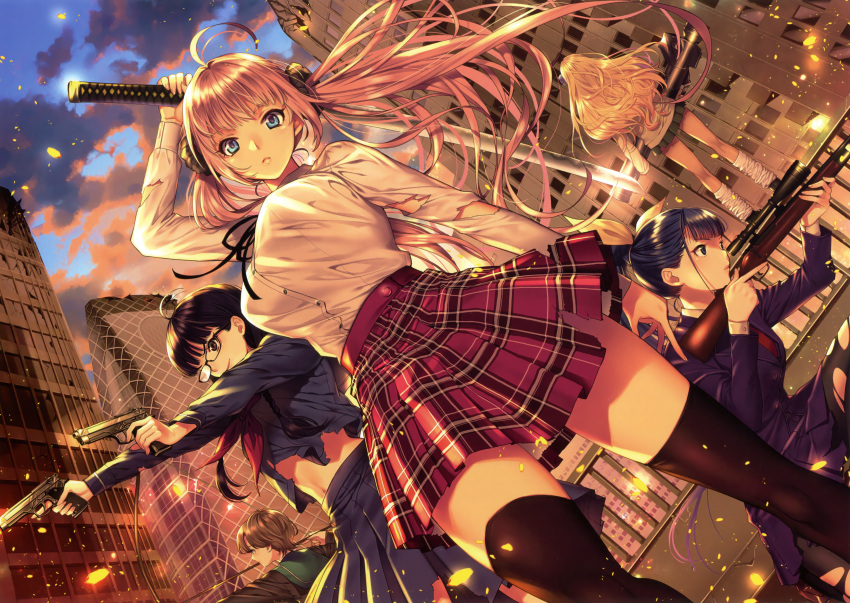 absurdres, ahoge, arm_up, arrow, black-framed_eyewear, black_hair, black_legwear, blonde_hair, blue_eyes, blue_hair, blue_serafuku, blue_shirt, blue_skirt, bow_(weapon), breasts, brown_hair, dress, dress_shirt, dual_wielding, floating_hair, from_below, glasses, grey_sweater, gun, highres, holding, holding_arrow, holding_bow_(weapon), holding_gun, holding_sword, holding_weapon, katana, large_breasts, long_hair, looking_at_viewer, loose_socks, miniskirt, multiple_girls, neckerchief_removed, oda_suzuka, one_knee, original, outdoors, pantyhose, parted_lips, pink_hair, pleated_skirt, red_neckwear, red_skirt, rifle, scan, shirt, short_hair, skirt, sky, smile, socks, standing, sword, thigh-highs, torn_clothes, torn_pantyhose, torn_shirt, twintails, very_long_hair, weapon, white_dress, white_legwear, zettai_ryouiki