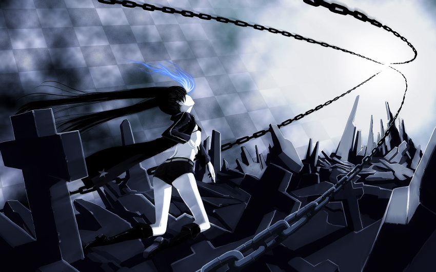 black_rock_shooter, black_rock_shooter_(character), chain, highres, mycomputer, scenic, solo, wallpaper