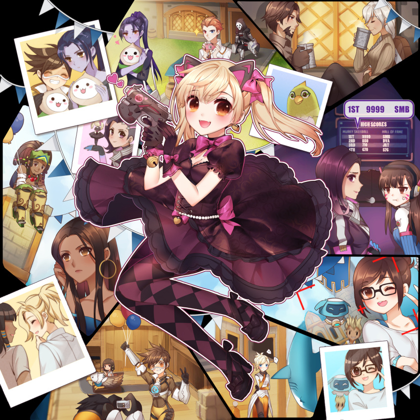 :d, :t, ;d, ^_^, amusement_park, ana_(overwatch), arcade, asymmetrical_hair, atobesakunolove, bag, balloon, beer_mug, bird, black_cat_d.va, blizzard_(company), blizzard_world, blonde_hair, blue_hair, bodysuit, bow, brown_eyes, brown_hair, camera, casual, closed_eyes, commentary_request, d.va_(overwatch), earrings, expressionless, facial_hair, fang, ganymede_(overwatch), glasses, gloves, goggles, gothic_lolita, grey_hair, grin, gun, hair_bow, hand_on_own_chin, handgun, headphones, heart, heterochromia, highres, hoop_earrings, jewelry, junkrat_(overwatch), lolita_fashion, long_hair, lucio_(overwatch), mccree_(overwatch), mei_(overwatch), mercy_(overwatch), moira_(overwatch), multiple_boys, multiple_girls, one_eye_closed, open_mouth, overwatch, pharah_(overwatch), photo_(object), pistol, ponytail, puffy_short_sleeves, puffy_sleeves, purple_hair, reaper_(overwatch), shopping_bag, short_hair, short_sleeves, sitting, smile, snowball_(overwatch), sombra_(overwatch), stuffed_animal, stuffed_toy, symmetra_(overwatch), taking_picture, teeth, tracer_(overwatch), twintails, v, violet_eyes, weapon, whisker_markings, widowmaker_(overwatch), winston_(overwatch)