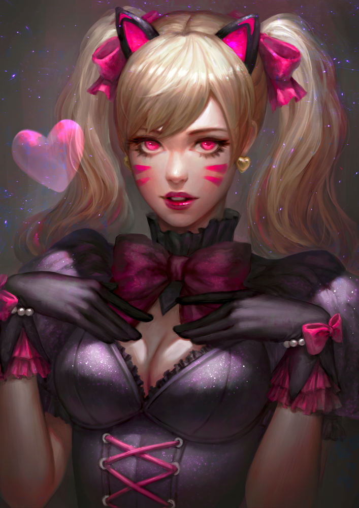 1girl, abigail_diaz, alternate_costume, alternate_eye_color, animal_ears, bead_bracelet, beads, black_cat_d.va