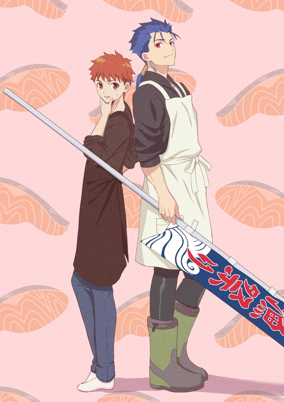 2boys, anime_coloring, apron, back-to-back, banner, blue_hair, boots, cu_chulainn_(fate)_(all)