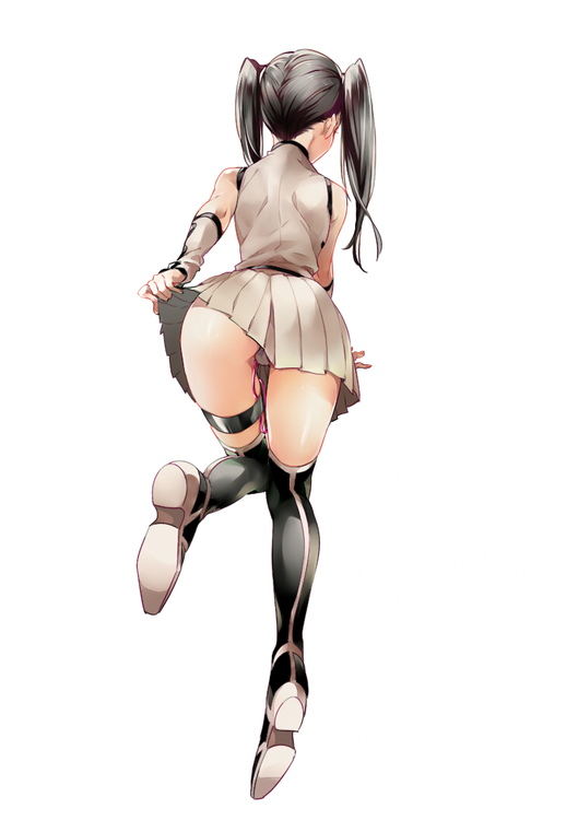 1girl, amiya, arm_rest, arrancar, ass, black_footwear, black_hair, bleach, boots, detached_sleeves, from_behind, full_body, knees_together_feet_apart, legs, loly_aivirrne, long_hair, shirt, skirt, skirt_lift, sleeveless, solo, twintails, white_shirt, white_skirt