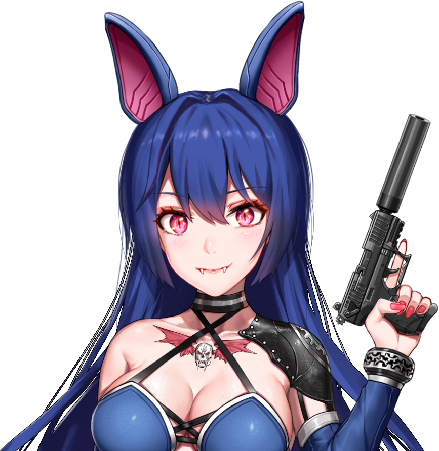 1girl, animal_ears, arm_at_side, bangs, barcode, barcode_tattoo, bat_ears, belt_buckle, belt_pouch, black_footwear, black_panties, blue_belt, blue_hair, boots, bracelet, breasts, brown_legwear, buckle, chains, claw_(weapon), cleavage, closed_mouth, collarbone, commentary_request, corset, criss-cross_halter, detached_sleeves, eyebrows_visible_through_hair, fake_animal_ears, fangs, greem_bang, gun, hair_between_eyes, hair_intakes, halterneck, handgun, jewelry, large_breasts, legs_crossed, long_hair, looking_at_viewer, nail_polish, original, panties, pink_eyes, red_nails, shiny, shiny_hair, shiny_skin, sidelocks, simple_background, single_bare_shoulder, single_spaulder, skindentation, smile, solo, spaulders, standing, suppressor, tattoo, trigger_discipline, underwear, veiny_breasts, very_long_hair, walther_p22, watson_cross, weapon, white_background