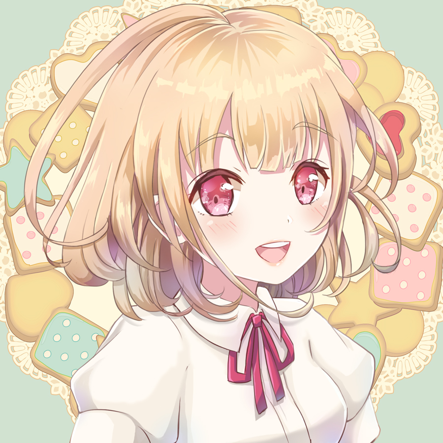 1girl, :d, blonde_hair, blouse, blush, bob_cut, bow, cookie, eyebrows_visible_through_hair, food, green_background, kapin, lace, looking_at_viewer, open_mouth, original, red_bow, red_eyes, short_hair, smile, solo, upper_body, white_blouse