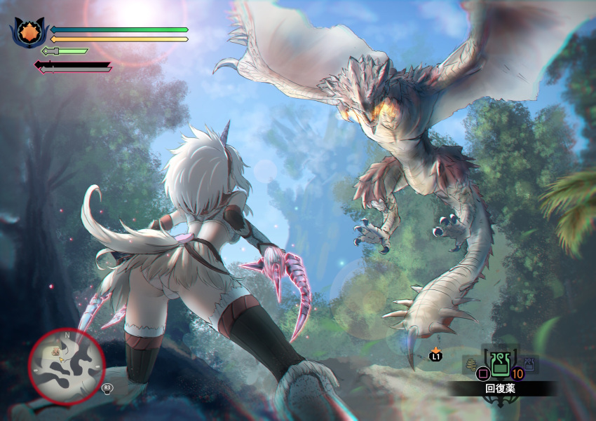 1girl, ass, battle, blue_sky, blurry, boots, claws, crop_top