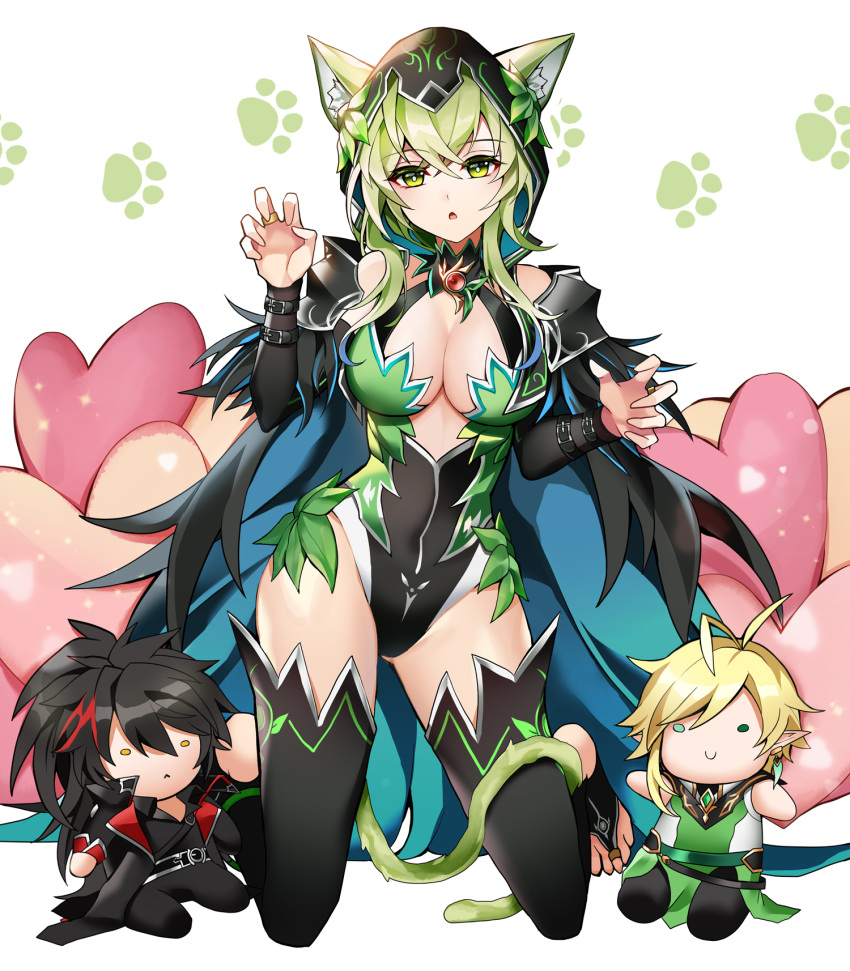 1girl, animal_ears, antenna_hair, black_hair, black_legwear, black_leotard, blonde_hair, breasts