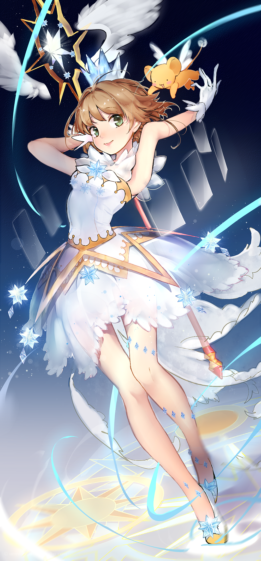 1girl, antenna_hair, bangs, brown_hair, card_captor_sakura, clear_card, crown, dress