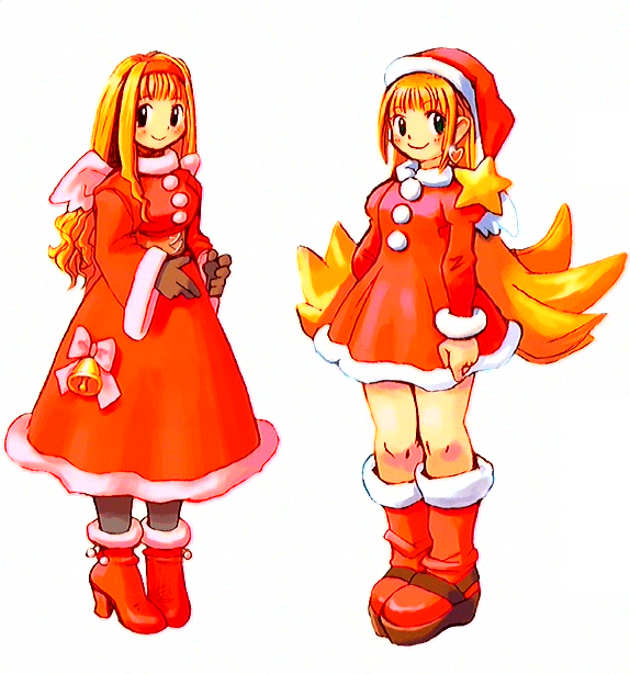 blonde_hair, boots, christmas, crea_rosenqueen, dress, kururu_(marl_kingdom), long_hair, marl_kingdom