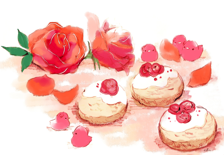 bird, chai, cookie, flower, food, graphite_(medium), highres, icing
