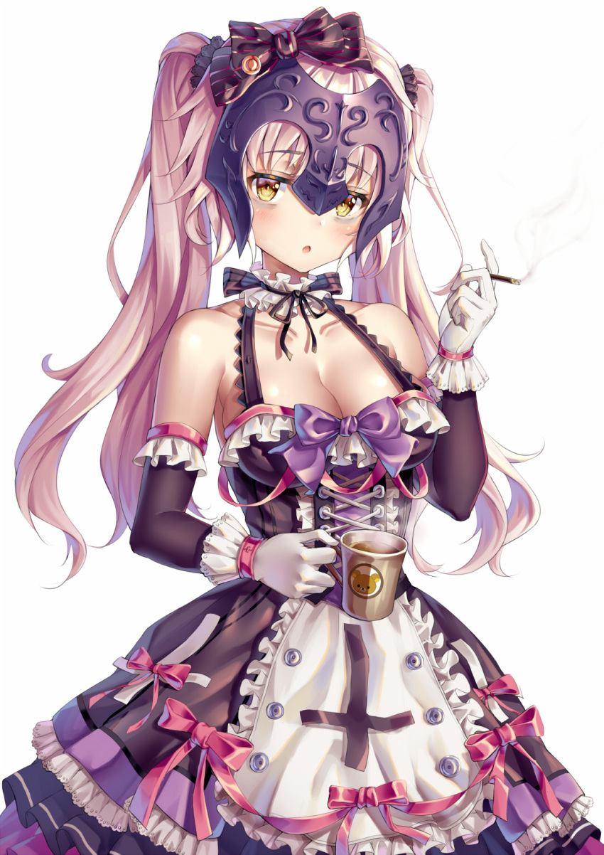 1girl, bow, breasts, chestnut_mouth, cigarette, cleavage, coffee_mug, collarbone