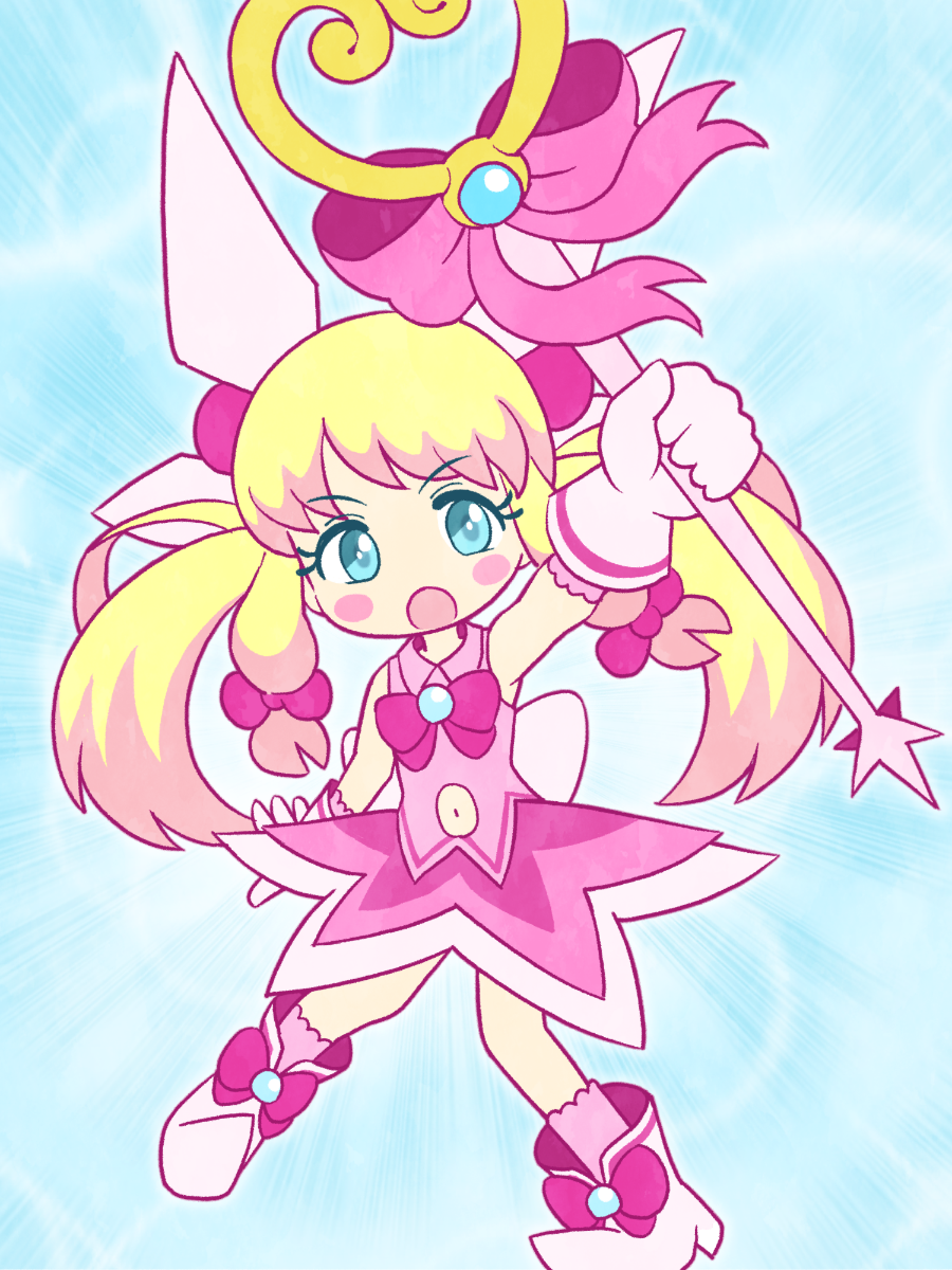 1girl, :o, blonde_hair, blue_eyes, blush_stickers, boots, bow, collared_shirt