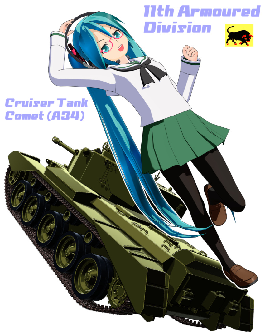 1girl, 3d, aqua_hair, black_legwear, comet_(tank), english, girls_und_panzer, glasses