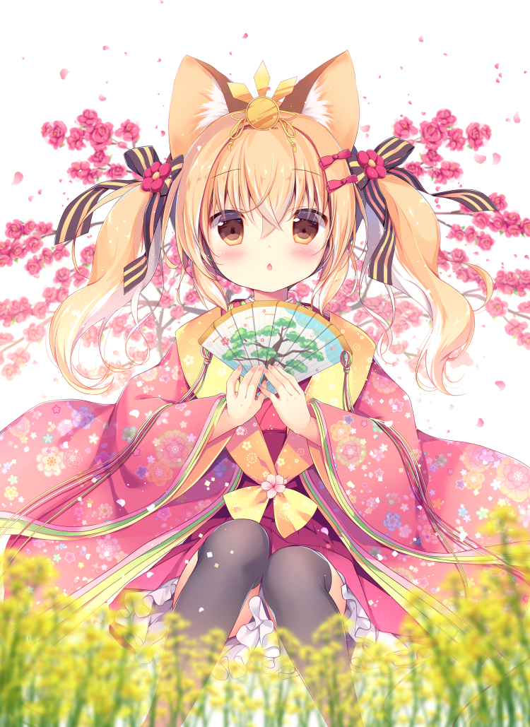 1girl, animal_ears, bangs, black_bow, black_legwear, blonde_hair, blurry, blurry_foreground