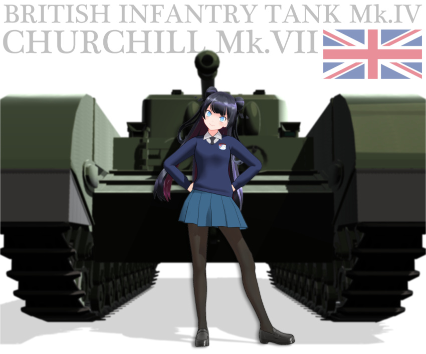 1girl, 3d, black_legwear, blue_eyes, churchill_(tank), english, girls_und_panzer, ground_vehicle