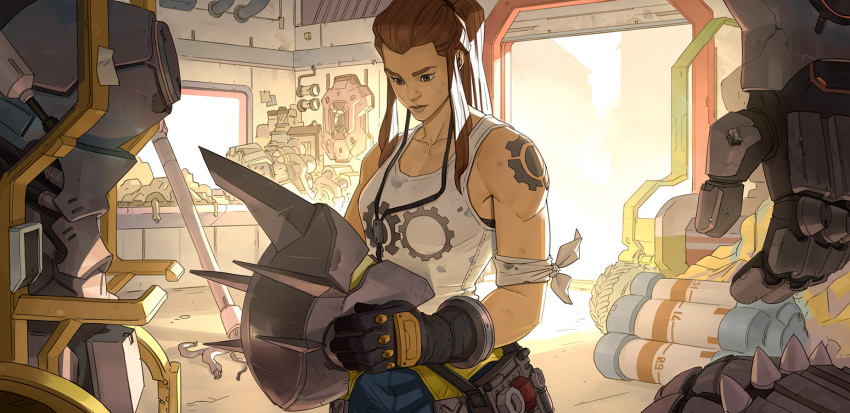 1girl, armor, brigitte_(overwatch), brown_hair, freckles, garage, gloves, headphones