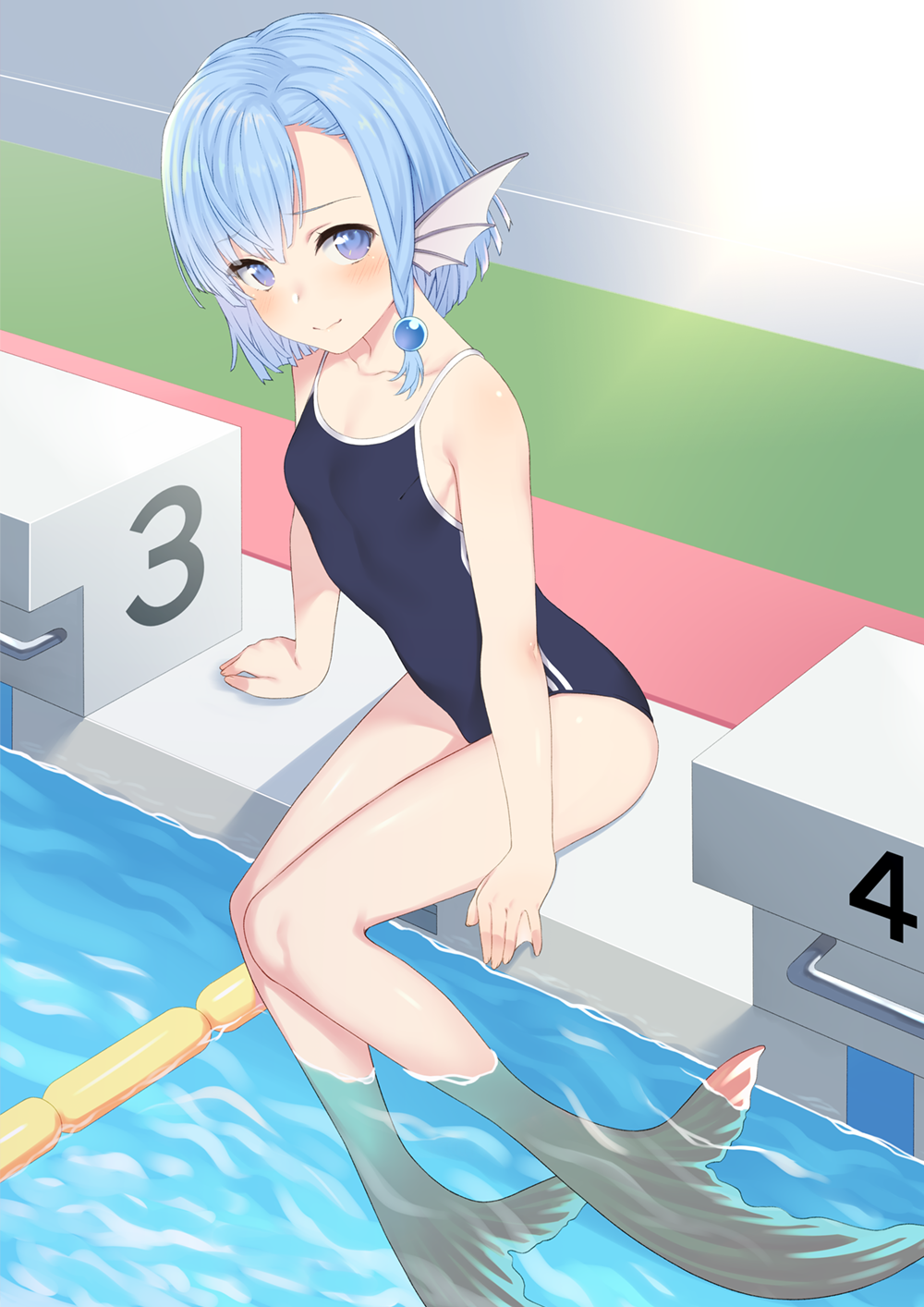 1girl, bare_shoulders, blue_eyes, blue_hair, blush, commentary_request, hair_bead, head_fins