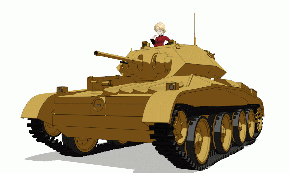 1girl, 3d, animated, blonde_hair, blue_eyes, crusader_(tank), darjeeling, girls_und_panzer