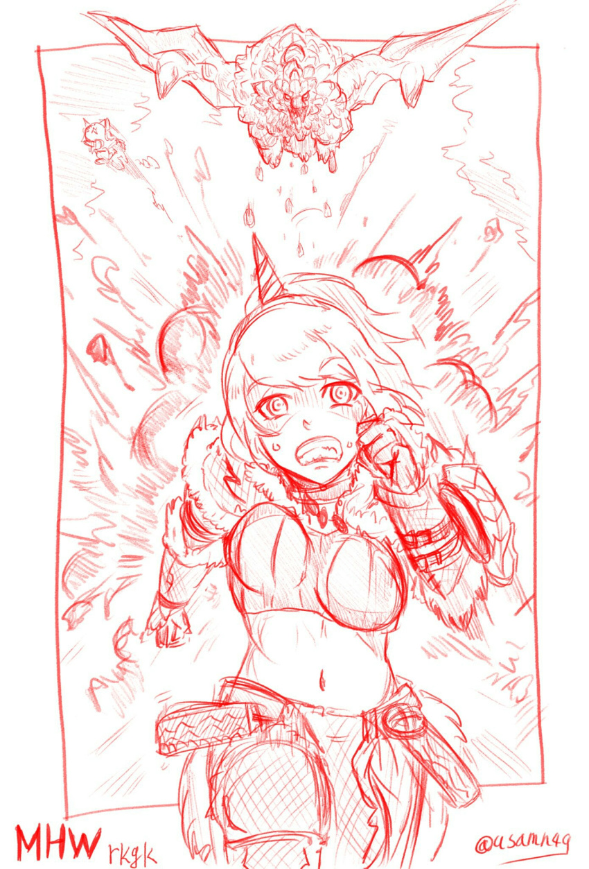 1girl, armor, bazelgeuse, bouncing_breasts, breasts, chasing, clenched_hands, clenched_teeth
