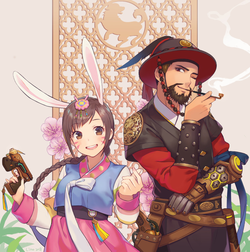 0910popo, 1boy, 1girl, absurdres, alternate_costume, alternate_hairstyle, animal_ears, bangs