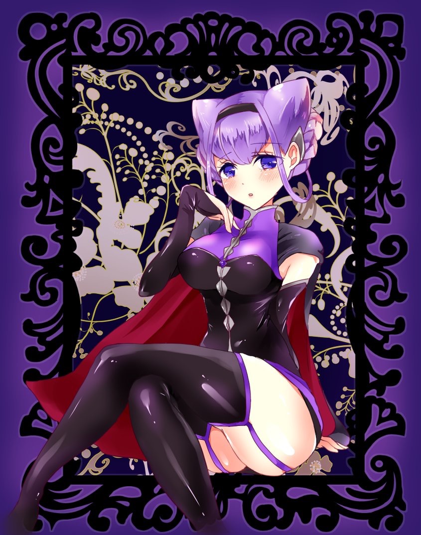 1girl, bad_id, bad_pixiv_id, bangs, black_legwear, black_panties, breasts, cape, detached_sleeves, garter_straps, hair_bun, hairband, hugtto!_precure, large_breasts, looking_at_viewer, mikorin, panties, purple_background, purple_hair, ruru_amour, solo, thigh-highs, thighs, underwear, violet_eyes