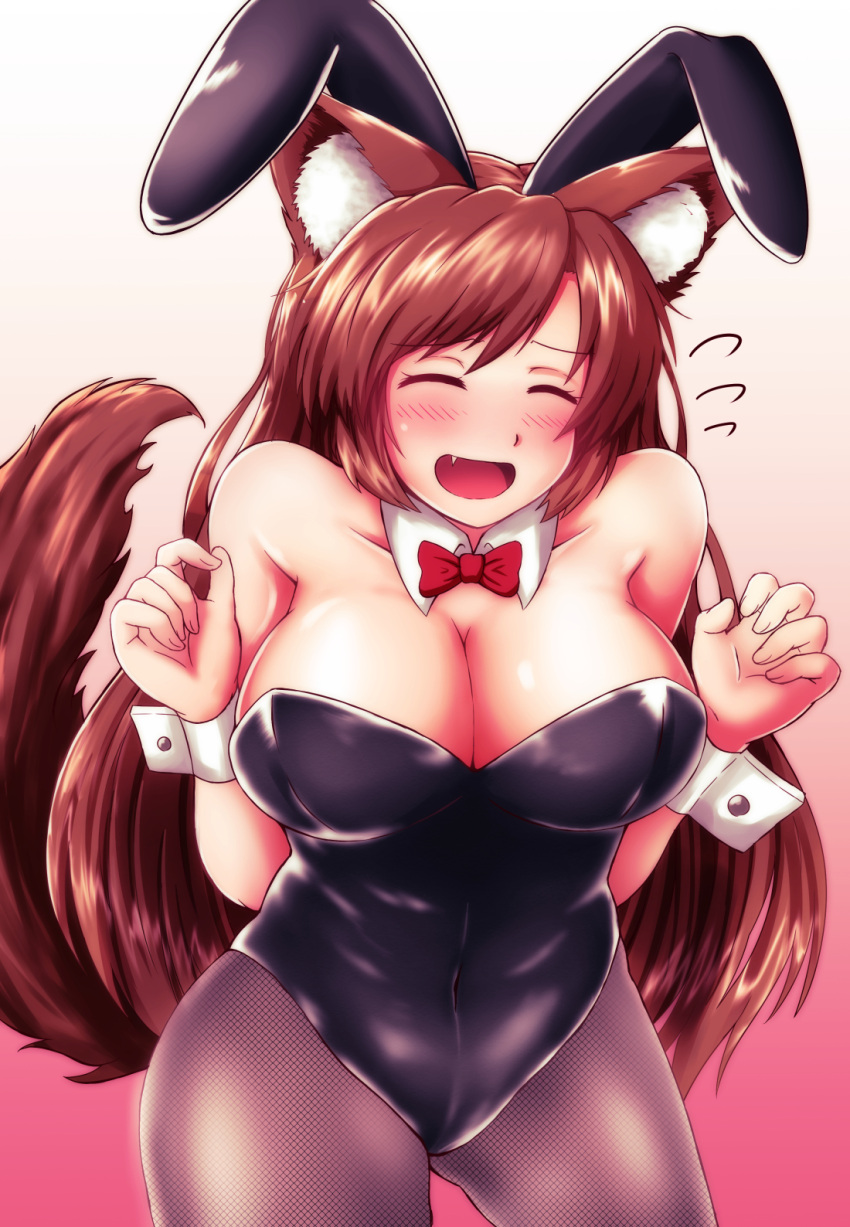 1girl, animal_ears, bare_shoulders, black_leotard, bow, bowtie, breasts, bunny_girl