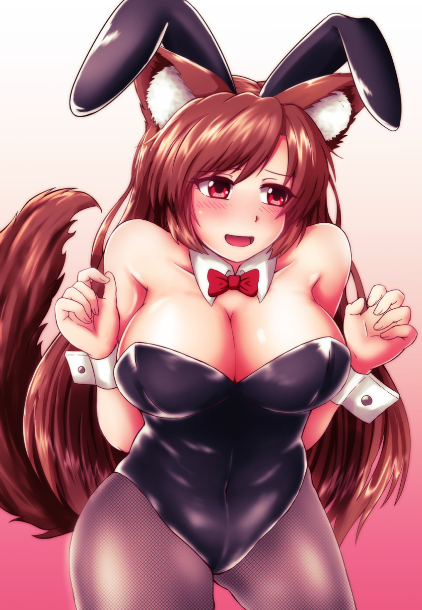 1girl, animal_ears, bare_shoulders, black_leotard, bow, bowtie, breasts, bunny_girl