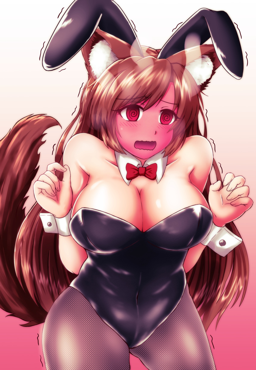 1girl, @_@, animal_ears, bare_shoulders, black_leotard, bow, bowtie, breasts