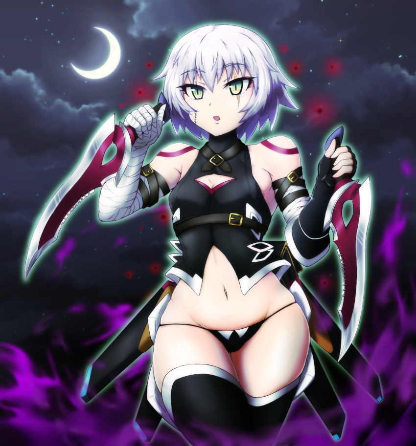 1girl, arm_belt, bandage, bandaged_arm, black_panties, breasts, crescent_moon, dagger