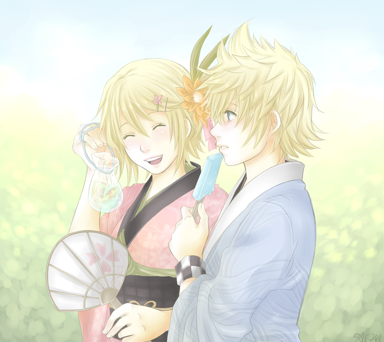1boy, 1girl, blonde_hair, blue_eyes, breasts, japanese_clothes, kimono, kingdom_hearts