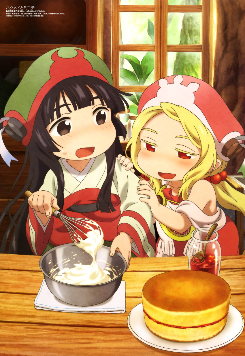 2girls, absurdres, bangs, black_hair, blonde_hair, blunt_bangs, blush, brown_eyes